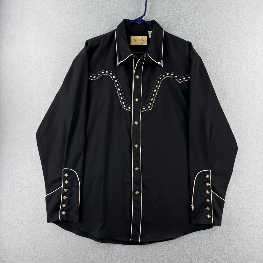 Scully Western Shirt Mens Large Black Rayon Blend Pearl Snap Western Rodeo